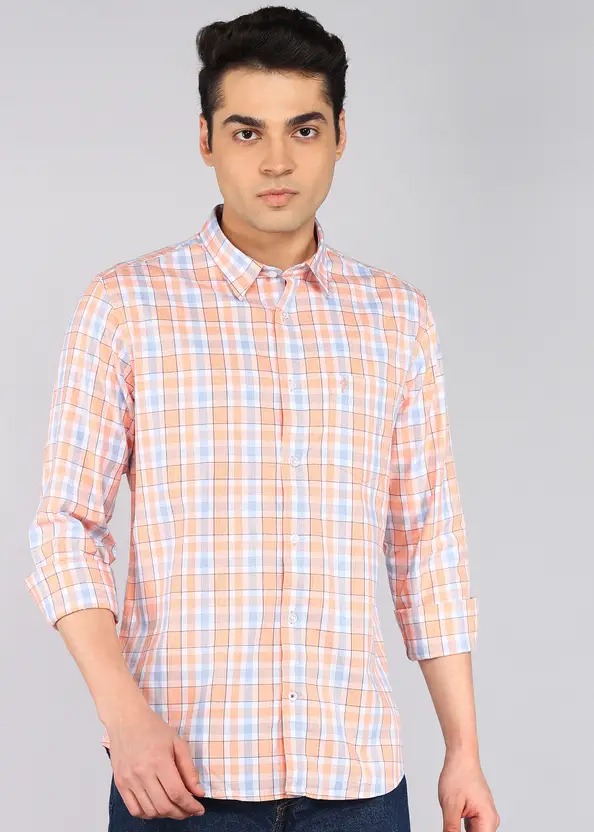 Indian Terrain Men's Regular Fit Full Sleeve Checkered Orange Shirt